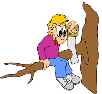 man sitting on branch of tree with saw cartoon drawing
