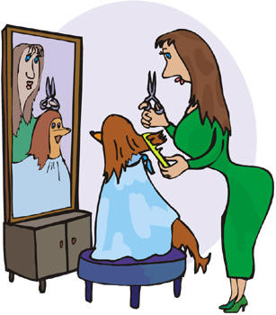 cutting hair fur of dog cartoon mirror
