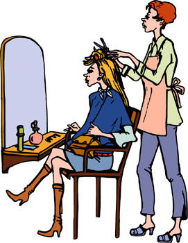 woman in front of the mirror at hairdressers cartoon