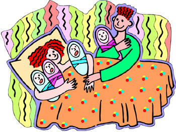 woman in bed with babies cartoon