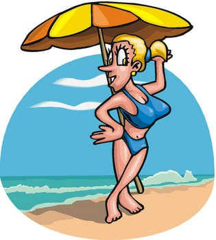 woman trying to look sexy in bikini under umbrella cartoon