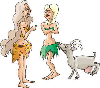 stone age women in grass skirts talking cartoon