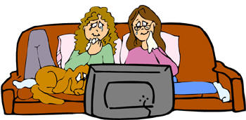 women in front of TV crying cartoon