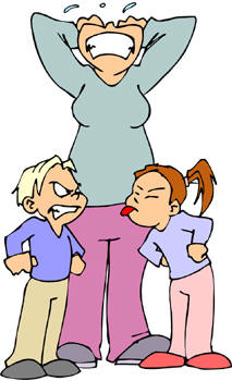 angry mother woman exasperated with two children cartoon