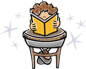 child reading book cartoon sitting at desk