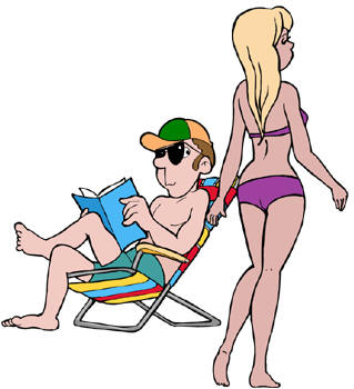 man in deck chair reading woman in bikini walking past cartoon